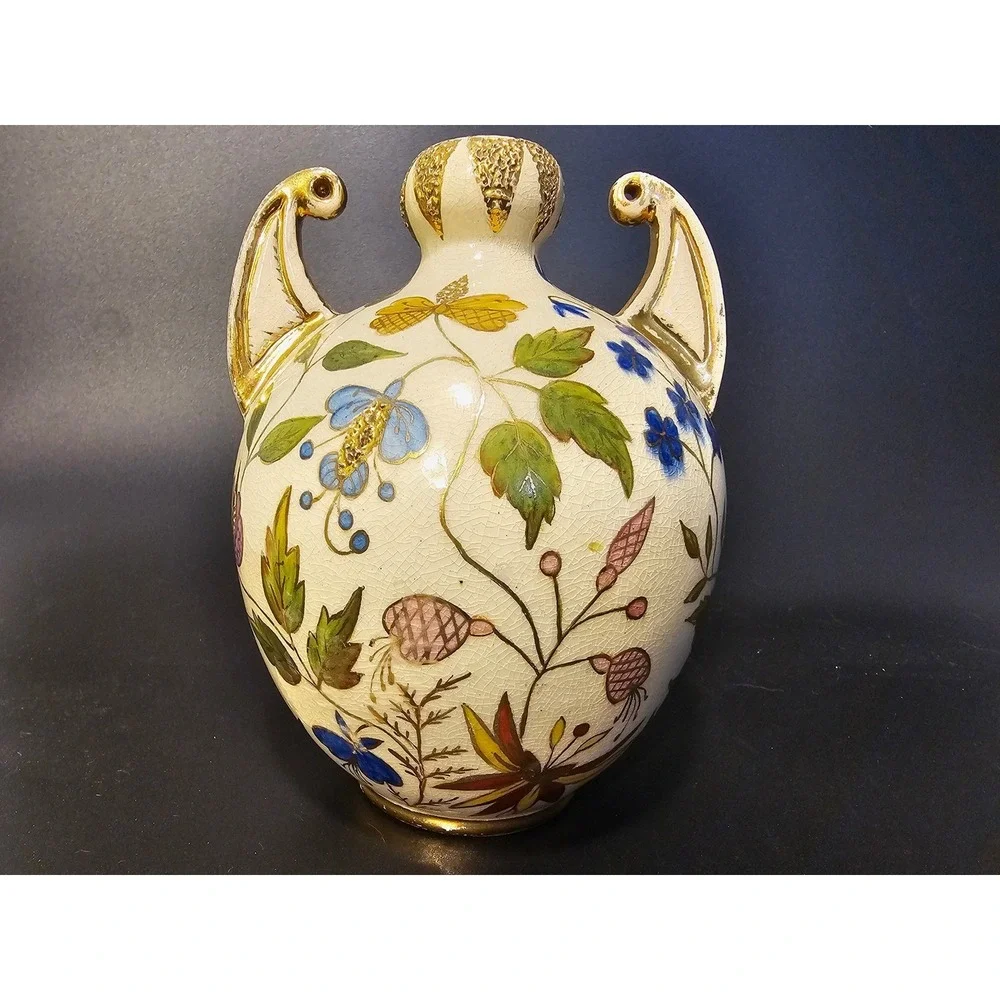 Vintage Hand Painted Floral Crackle Glaze Ceramic Amphora Vase Urn Gold Trm 5.5